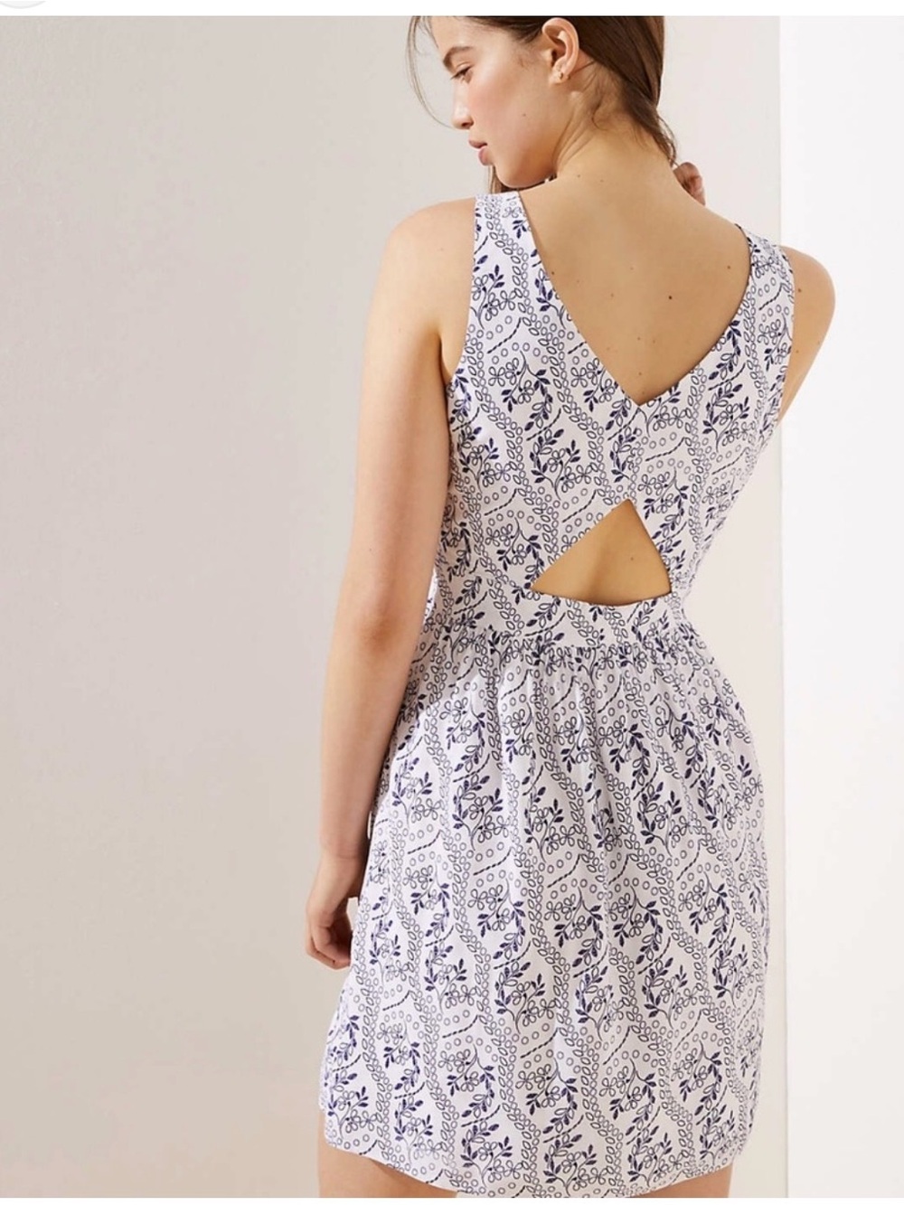 LOFT White Dress with Navy Floral Print and V-Back Cutout